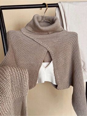 Turtleneck Cropped Cape Sweater in Taupe